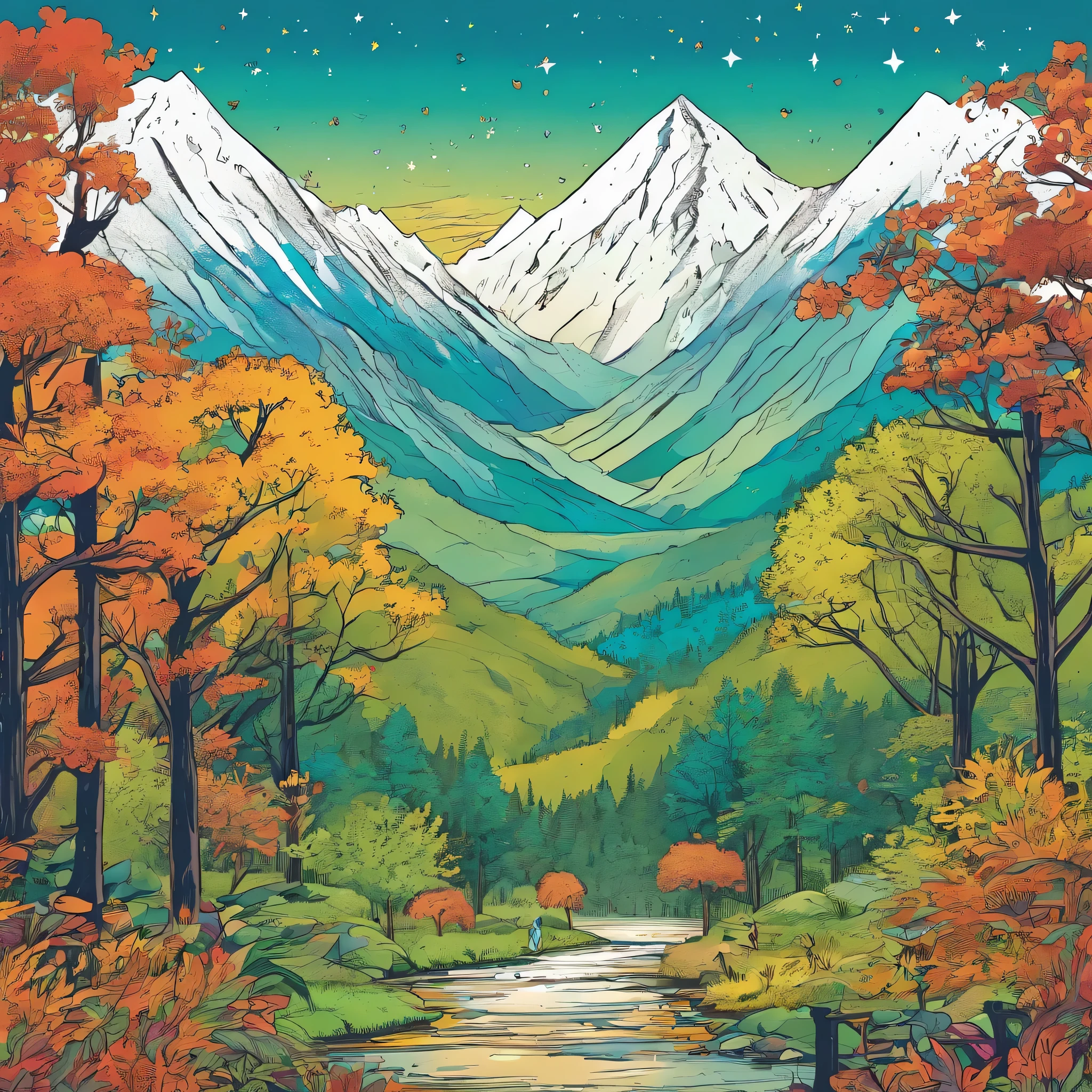 Rain mountains star trees animal