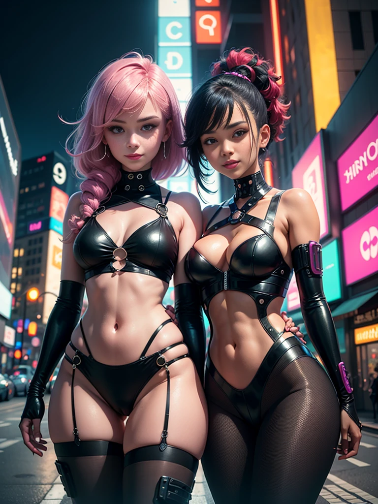 masterpiece, best quality, 2 ((smiling)) cyberpunk girls standing together, Harajuku-inspired cyberpunk body harness, bold colors and patterns, eye-catching accessories, trendy and innovative hairstyle, dazzling Cyberpunk cityscape, skyscrapers, glowing neon signs, LED lights, anime illustration, detailed skin texture, detailed cloth texture, beautiful detailed face, intricate details, ultra detailed, cinematic lighting, strong contrast.