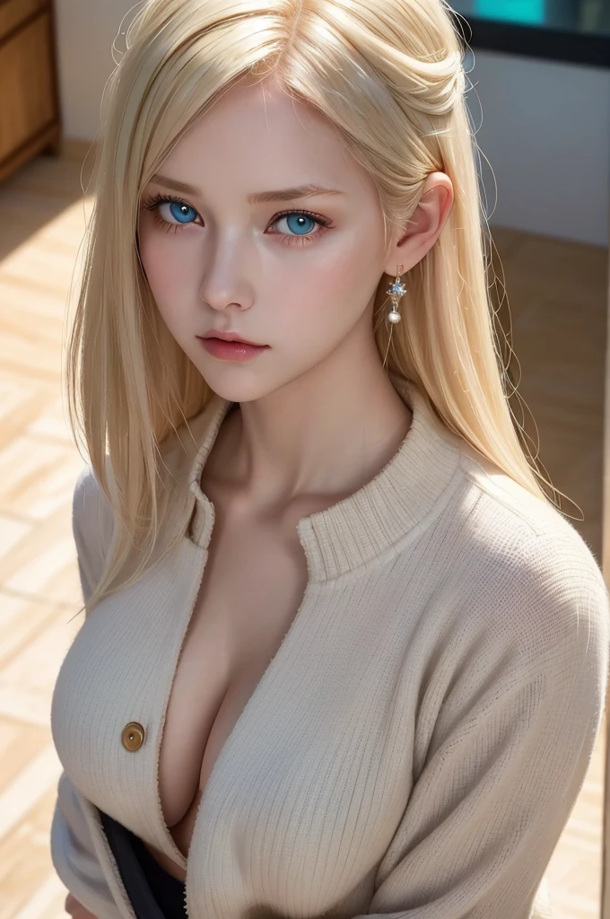 (masterpiece), (best quality), Ultra-high resolution, Raw photo, A photo-realistic, super cute woman, 1girl, (perfect face:1.2), (beautiful face:1.2), platinum blonde hair, (from above, upper body:1.3), sad expression, looking at viewer, pose, summer jacket, indoors, day time, intricate, depth of field, cinematic lighting, tears