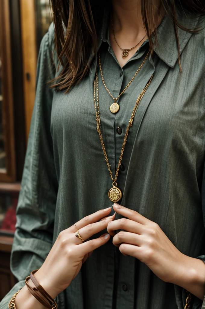 just a hand of a girl holding a necklace that has a clock pendant infront of the antique shop while it's raining heavily 