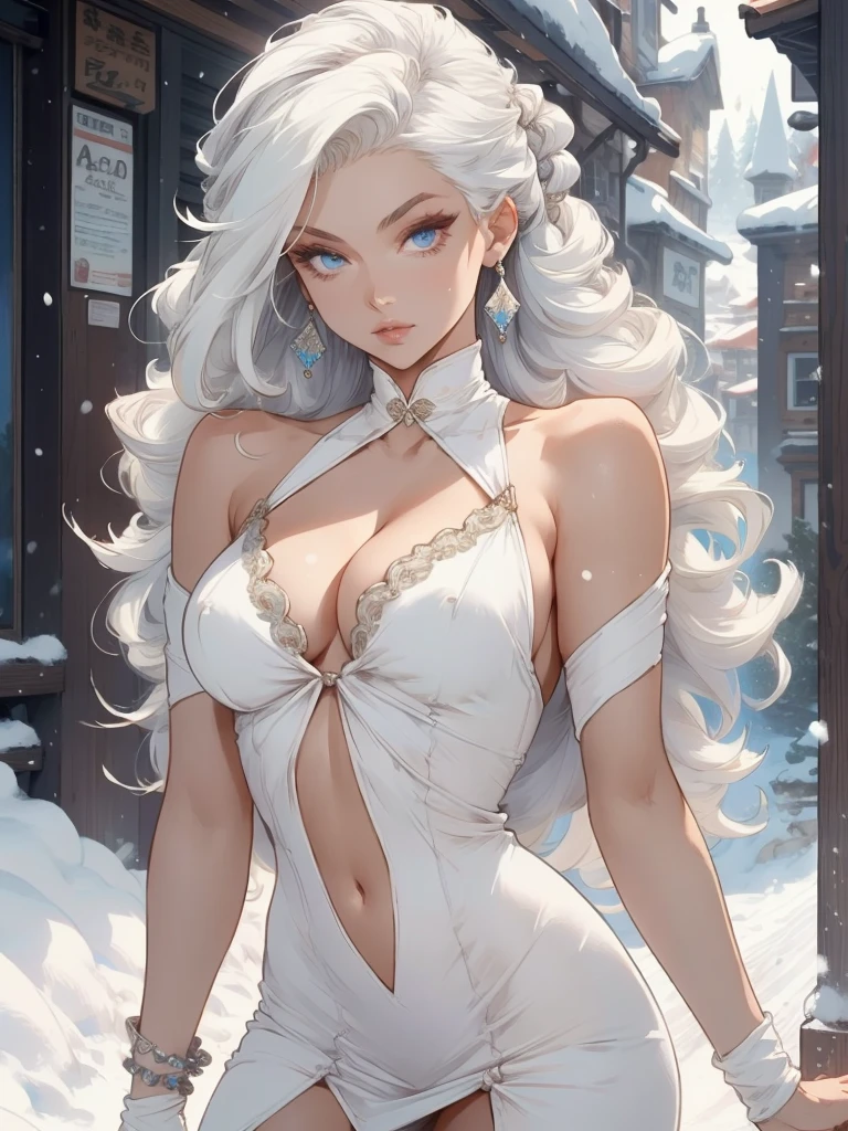 1girl, breasts, jewelry, long hair, earrings, solo, snow, looking at viewer, mole, white hair, blue eyes, bare shoulders, white dress, medium breasts, navel, white theme, braid, dress, snowing, cleavage, lips, underwear