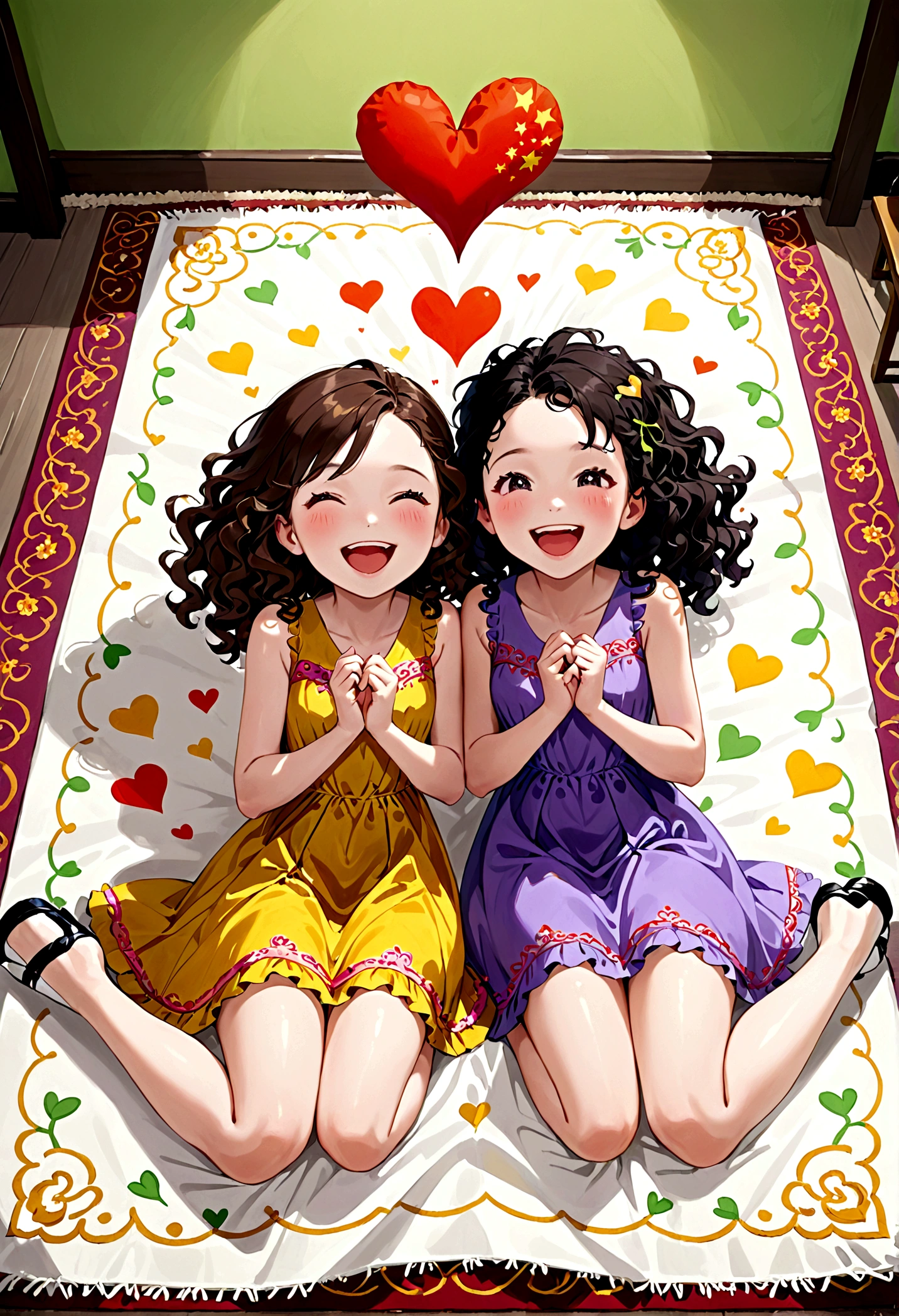 Two sisters seating with each other on the rug on the flour  ..Laughing and giggling and having fun.. the first sister is older with black curly hair and black eyes and wearing a yellow dress And The second is with straight brown hair and wearing a purple dress with black chinese eyes.. the background is pastel green with orange hearts