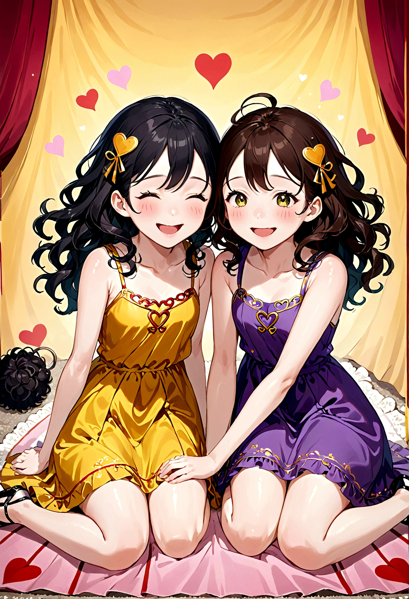 Two sisters seating with each other on the rug on the flour  ..Laughing and giggling and having fun.. the first sister is older with black curly hair and black eyes and wearing a yellow dress And The second is with straight brown hair and wearing a purple dress with black chinese eyes.. the background is pastel green with orange hearts