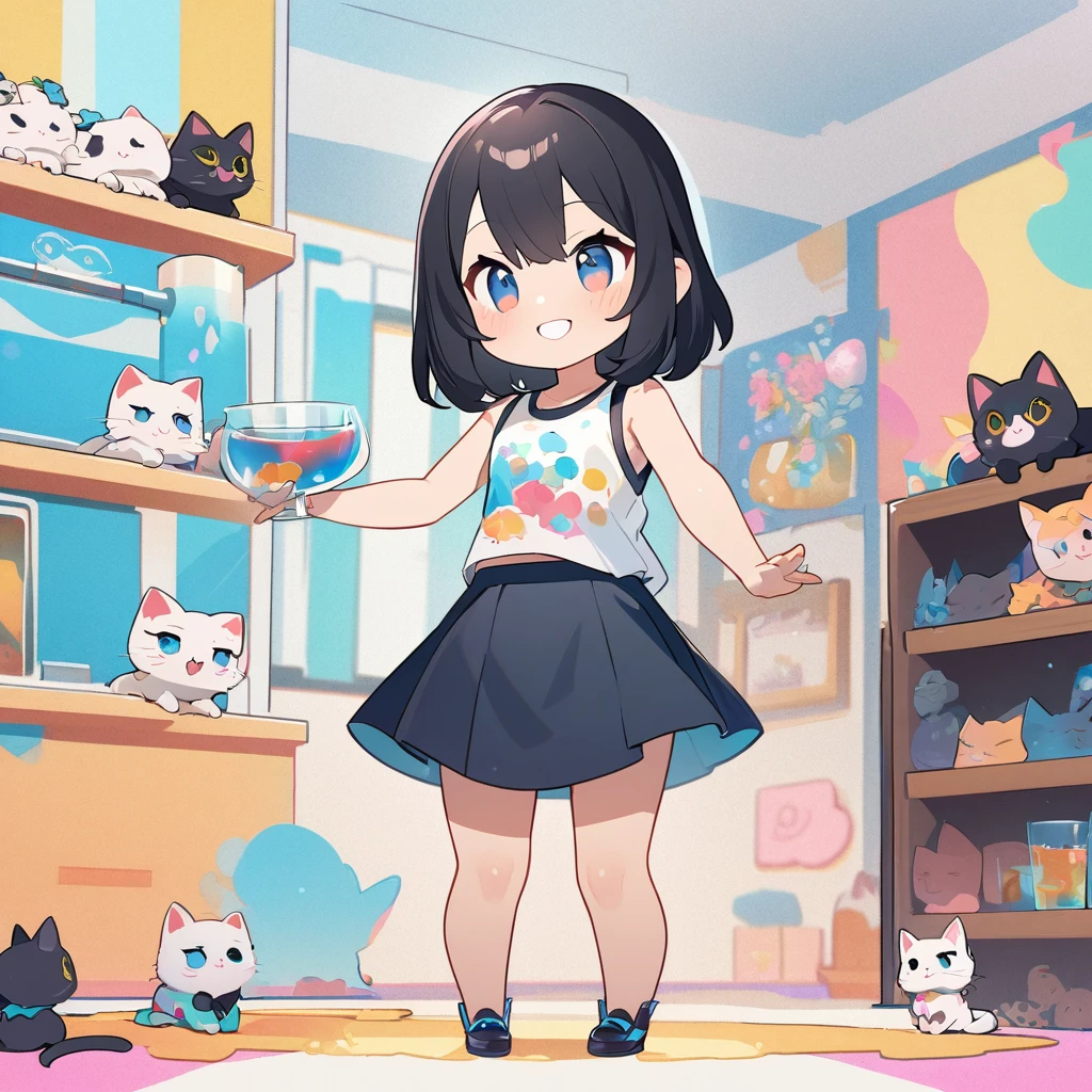 masterpiece、Highest quality、Depth of subject、2D illustration、1 beautiful girl、独奏, (((chibi style)))、Long, beautiful hair、Shiny black hair、cute、Beautifully detailed eyes、((Tank top))、a glass of blue soda, ((colorful))、mini skirt、((happy smile))、((kitten cluster)), ((full body shot))、((in the room))、((There's a lot of pink around))、Thighs、((vivid color))、sparkle、((Lens flare))、