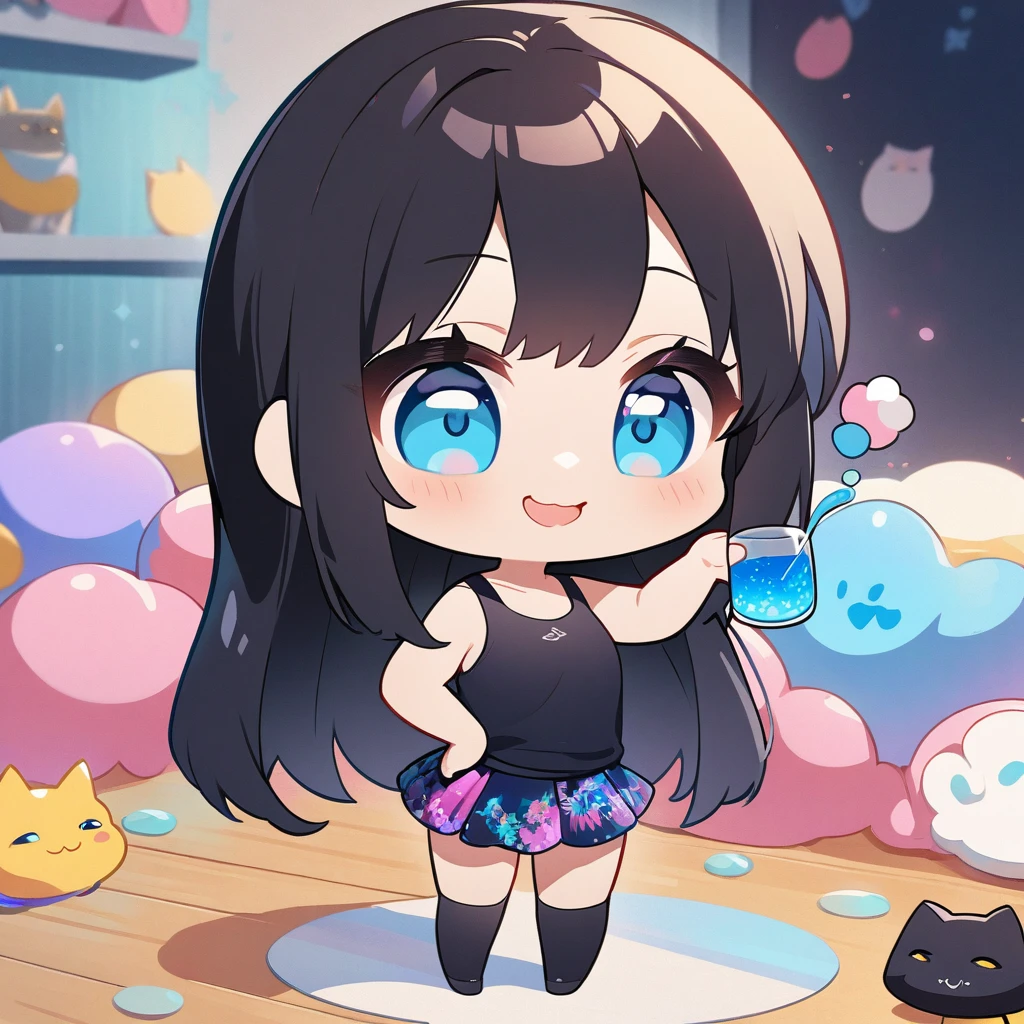 masterpiece、Highest quality、Depth of subject、２D illustration、1 beautiful girl、独奏, (((chibi style)))、Long, beautiful hair、Shiny black hair、cute、Beautifully detailed eyes、((Tank top))、a glass of blue soda, ((colorful))、mini skirt、((happy smile))、((kitten cluster)), ((full body shot))、((in the room))、((There&#39;s a lot of pink around))、Thighs、((vivid color))、sparkle、((Lens flare))、