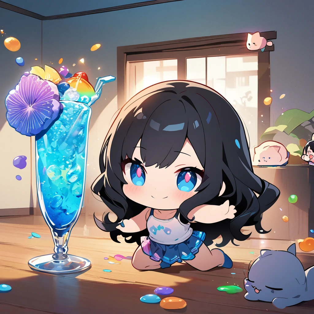 masterpiece、Highest quality、Depth of subject、2D illustration、1 beautiful girl、独奏, (((chibi style)))、Long, beautiful hair、Shiny black hair、cute、Beautifully detailed eyes、((Tank top))、a glass of blue soda, ((colorful))、mini skirt、((happy smile))、((kitten cluster)), ((full body shot))、((in the room))、((There's a lot of pink around))、Thighs、((vivid color))、sparkle、((Lens flare))、