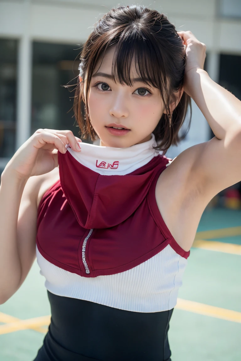 (8K, RAW Photos,Highest quality, High resolution:1.1), (Ultra-realistic:1.4),(Realistic, Realistic:1.3),The Beauty of Japan、Rhythmic gymnastics club、Rhythmic Gymnastics Uniform、((Upper Body:1.3)),holding panties