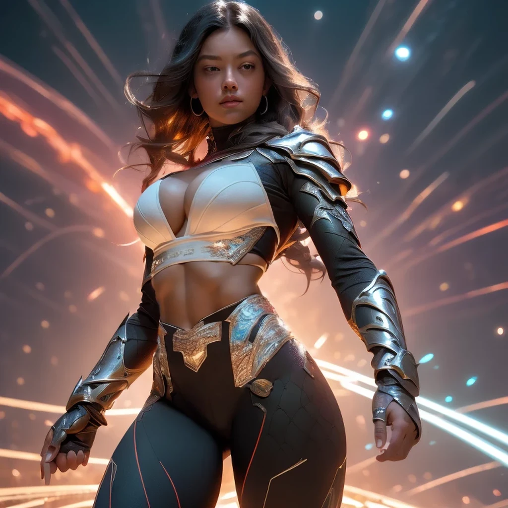redo her outfit so that is all skin tight, shows off her cleavage, enlarge her breasts a little, showcase her toned abs and lower stomach, make it more revealing