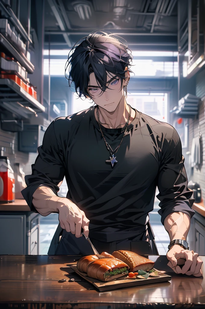 (masterpiece, highest quality, best quality, highest detailed, perfect face) 1 male, adult, muscular, broad man, angular face, long black hair tied in a ponytail, violet eyes, (Clothes: black t-shirt of understanding, kitchen accessories, apron) in a fast food kitchen, cooking, a lot of food,