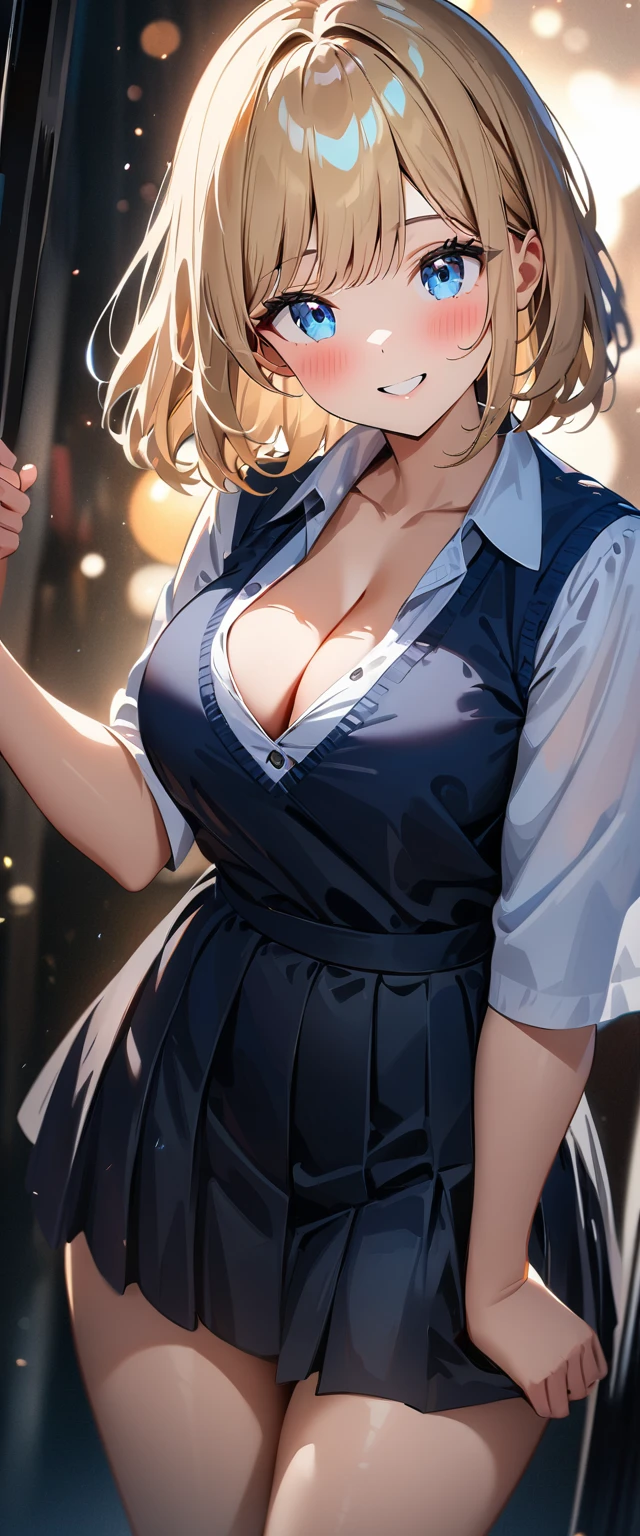 (((One girl))), blond hair, bob cut, (cowboy shot), (looking at viewer), face in focus, breasts, ager, head tilt:1.3, (((blue eye))), ((happy smile)), ((blush)), school summer uniform, white shirts black skirt, ((cleavage)), anime style, (best quality, 4k, 8k, highres, masterpiece:1.2, ultra-detailed, ultra-detailed eyes, HDR, UHD, studio lighting, ultra-fine painting, sharp focus, physically-based rendering, extreme detail description, professional, vivid colors, bokeh)