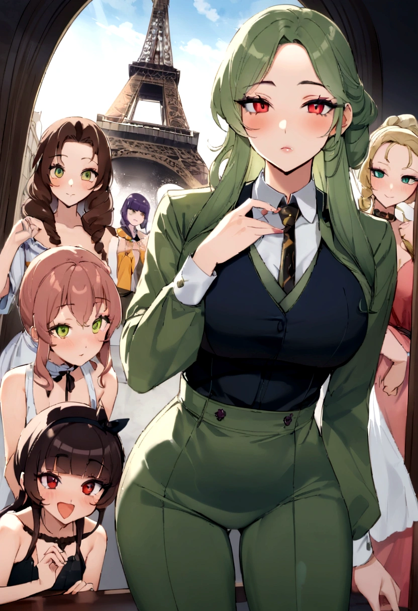 femme arafée, fille sexy aux yeux verts, portrait sophie mudd, cheveux bruns et grands yeux, selfie d'une jeune femme, devant les yeux de la tour Eiffel, violette myers, sans maquillage, maquillage naturel, regarder directement la caméra, visage avec artgram, maquillage subtil, stunning Tout le corps shot, yeux verts perçants, bel angle, pose attrayante, jolie fille, pose sexy, Tout le corps picture, Tout le corps, Tout le corps shoot, déesse brune, détail élevé, pose satisfaite, portant une veste longue beige et une chemise blanche et un pantalon de couleur kaki, jupe, chaussures, gros seins touchants