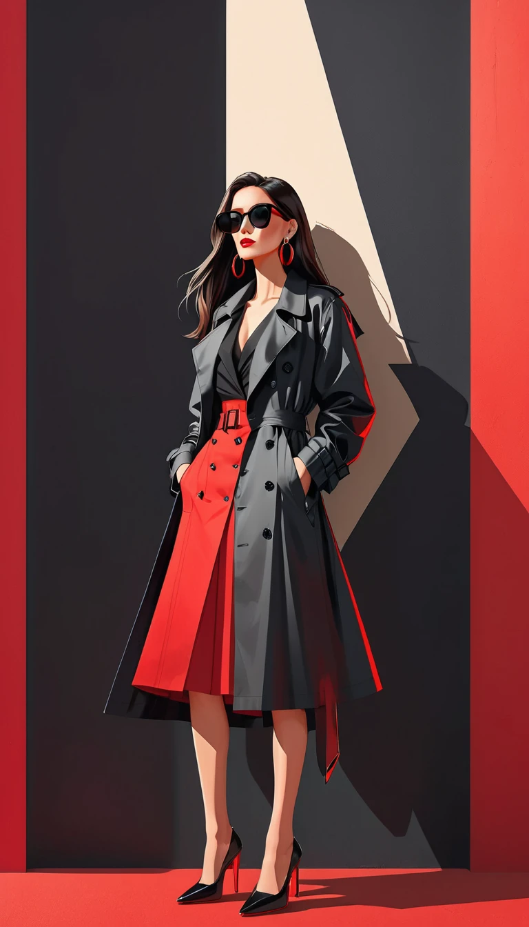 Simple vector illustration,Beautiful girl standing against the wall,Unique,confidence,Long straight hair,sunglasses,Exaggerated earrings,Unique,Staring at the audience),(Black deep V trench coat:1.37,Red bottoming skirt)。Looking from the bottom up,Geometric Light and Shadow,Clean and simple red background