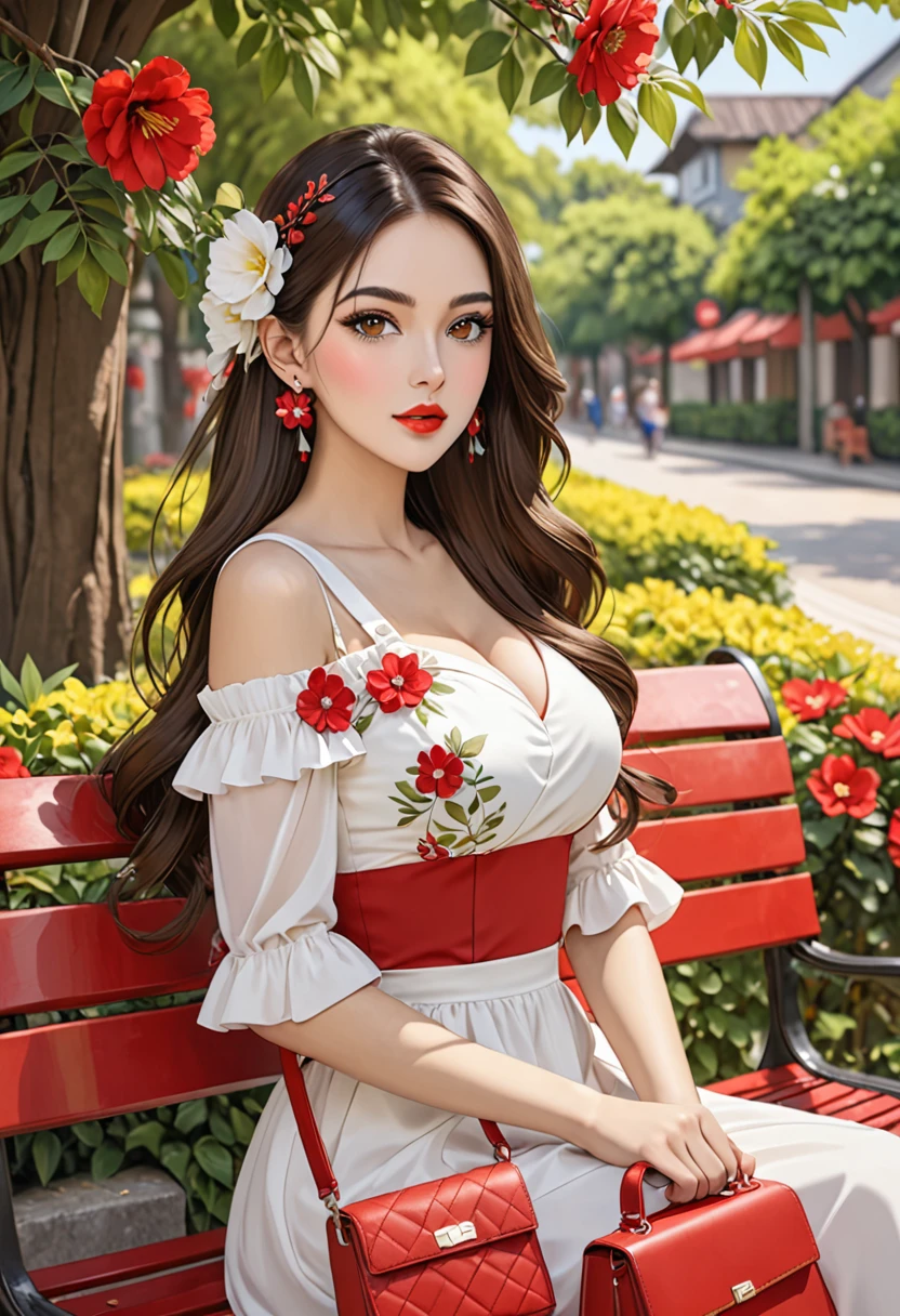 1girl solo long hair breasts looking at viewer brunette headgear dress brown eyes jewelry sitting upper body string flower earrings outdoors hair flower bag tree leaves handbag red lips bench