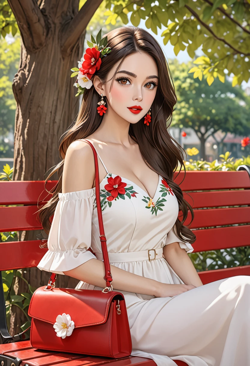 1girl solo long hair breasts looking at viewer brunette headgear dress brown eyes jewelry sitting upper body string flower earrings outdoors hair flower bag tree leaves handbag red lips bench