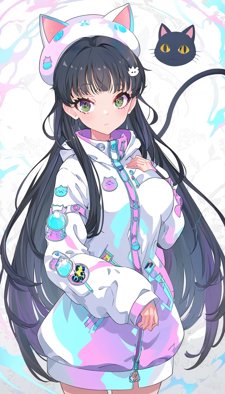 anime girl with black hair and a cat hat, anime style illustration, moe artstyle, wallpaper 8 k, digital illustration, beautiful catgirl, she wears a hoodie with animal ears and technowear technology, futuristic fashion in black and holographic colors, many details and buttons on it, cables coming out of the sleeves, the background is that of a simple pattern with cat motifs and paws, purple and black, black cat eyes, holographic, holo details
