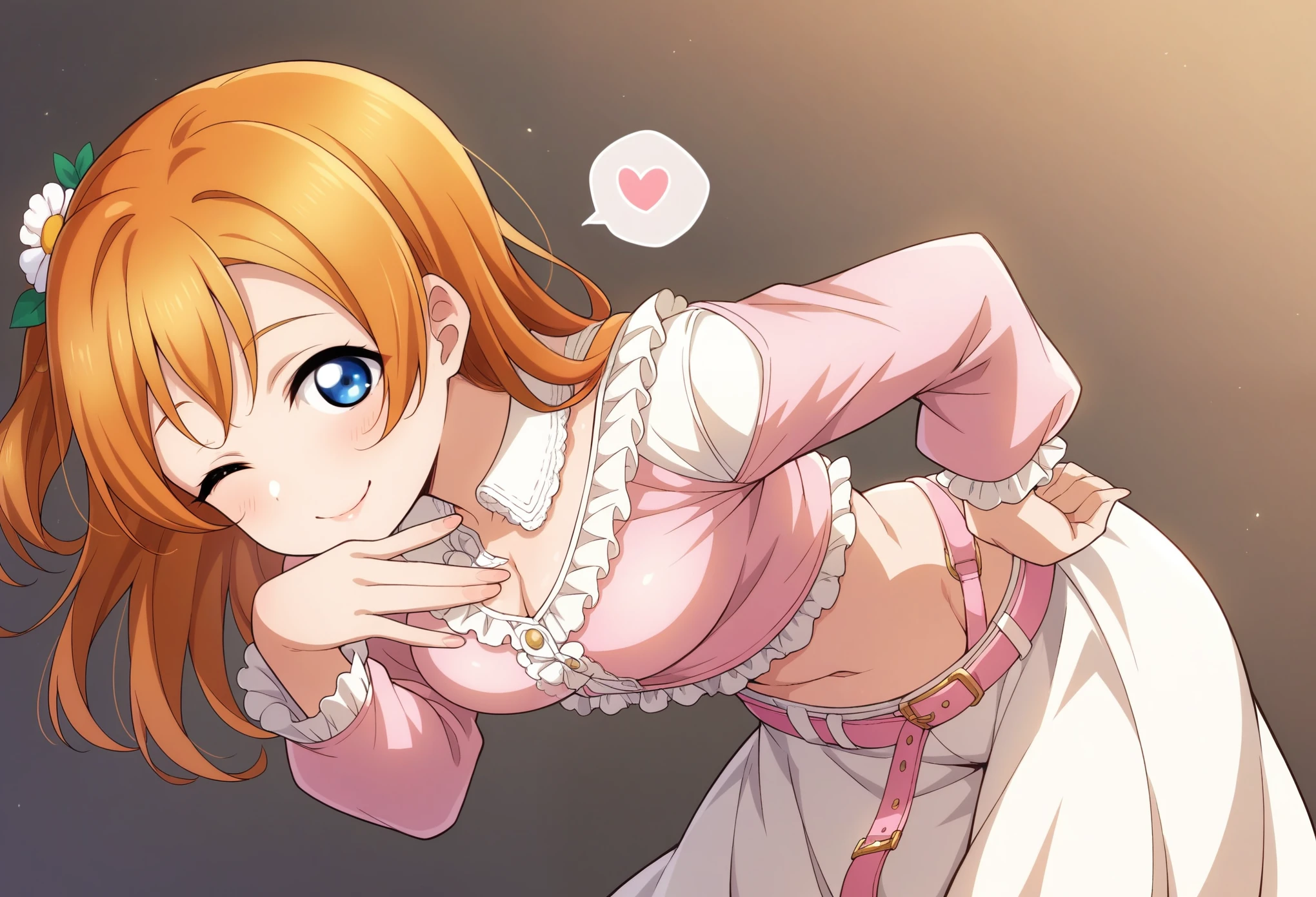 Honoka kousaka love live, cowboy shot, blue eyes, orange hair,hair flower, solo, loose crop top, frilly,long sleeve,long skirt, front thigh cutout,pink loose belt,thin straps, shiny moist skin, sexy, spoken heart , (lipstick:0.7), wink ,hand on hip, leaning to side , crotch, slightly bent over , covering cleavage