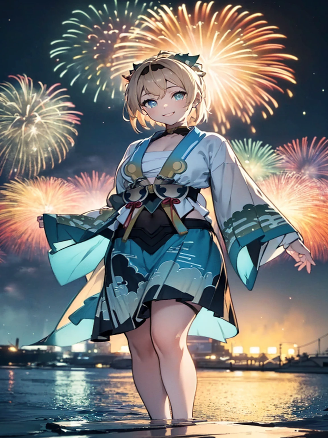 (masterpiece, Highest quality, Super detailed),One girl,((super fine illustration)),((cute eyes,highly detailed skin)),((smile)),(well endowed,Blessed,Captivating body、Detailed Background)、((Blue yukata、Blue kimono)),firework,(大量のfirework,Night view,Ocean)、Festivals