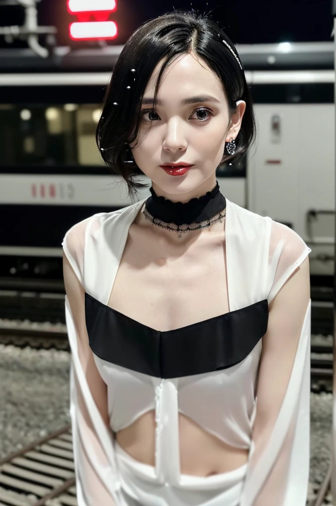 (((Ultimate Photorealistic, ultimate high-quality 32k photo))),(((A cowboy-shot photo taken from the front, looking at viewer))),(((( Seductive pose, 7 heads、Staring Intently :1.8)))),(((A pure white business blouse with a wide V-neck and extremely thin fabric., Soaking wet、She is looking straight at the camera with a very shy look on her face.。light makeup、elegant black wet middle bob。Elegant white thin choker:1.4)))。((Highest quality)), ((masterpiece)), (((detailed))), (midnight ,A modern train station platform in Tokyo on a dark, pouring, stormy night, Low Key Lighting:1.6)、(((A very beautiful, extremely elegant and intelligent 42 year old Japanese woman。Very intelligent and plump。An extremely elegant, calm and modest smile, Being drunk、My eyes are quite watery、I'm very horny、embarrassed ,blush, Curvy Body、Extremely realistic, detailed and beautiful depiction of the face and waist:1.9)))、(((The skin is white and very smooth。A very hot rainy summer night、I'm pretty sweaty、My clothes were soaked and pretty see-through.、When wet, it sticks tightly to the skin, revealing the beautiful lines of the body.、Through the extremely thin fabric, her skin and her navy blue, lacy, high-end underwear are clearly visible.:1.9)))。(((A simple and elegant business pencil skirt in a plain navy blue knee-length,The clothes fit the body very well:1.8))), ((Healthy Body、The line of the chest, collarbone and décolletage are extremely beautiful.:1.9))。(((large&good hips、large&nice chests )))