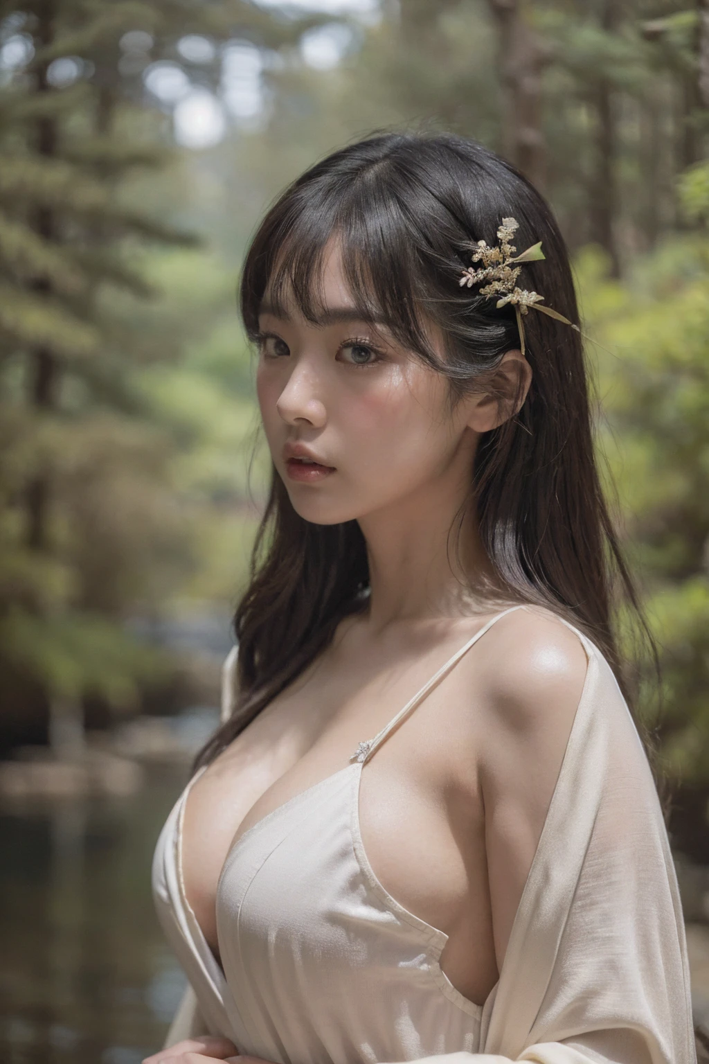 Beautiful woman、Japanese tradition、(Very large )、kimono、Spectacular views、Suspicious atmosphere、Cinematic atmosphere、(best quality,4K,8K,highres,masterpiece:1.2),ultra-detailed,(realistic,photorealistic,photo-realistic:1.37)、Dim lighting、whole body、forest、forest、Dim lighting、(looking at viewer),Realistic、Like live action、Cinematic film