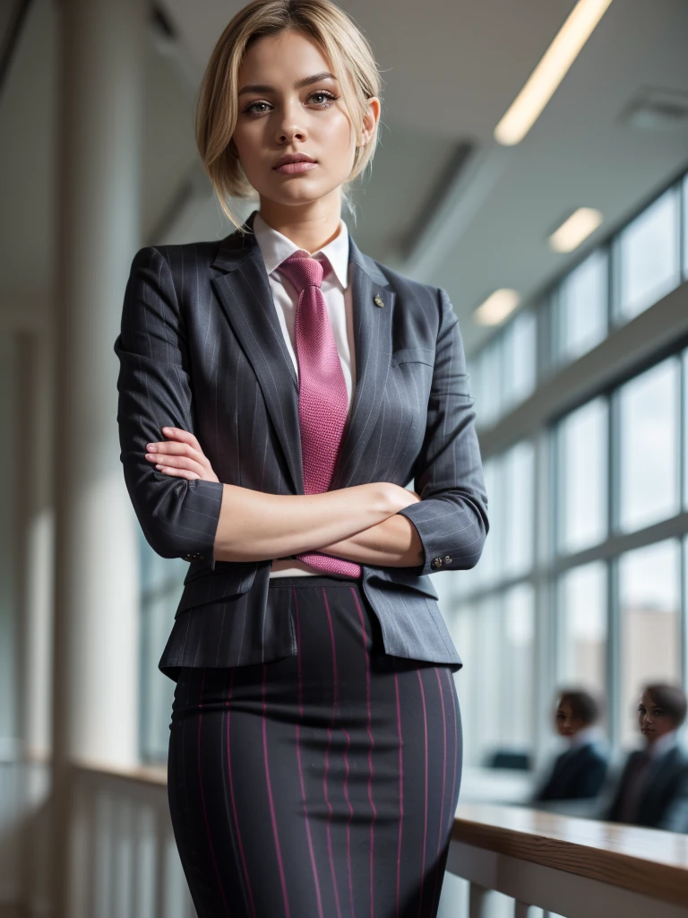 (masutepiece,High quality,16k:1.1),(depth of fields:1.3) ,((front body:1.35)), Ukrainian ,Woman, blonde,makeup,((business suit, black vertical striped pencil skirt )), voluptuous, thicc,(arms crossed:1.5) (wetting herself:1.5), (desperation:1.75),standing ,necktie peeing self, wetting her clothes