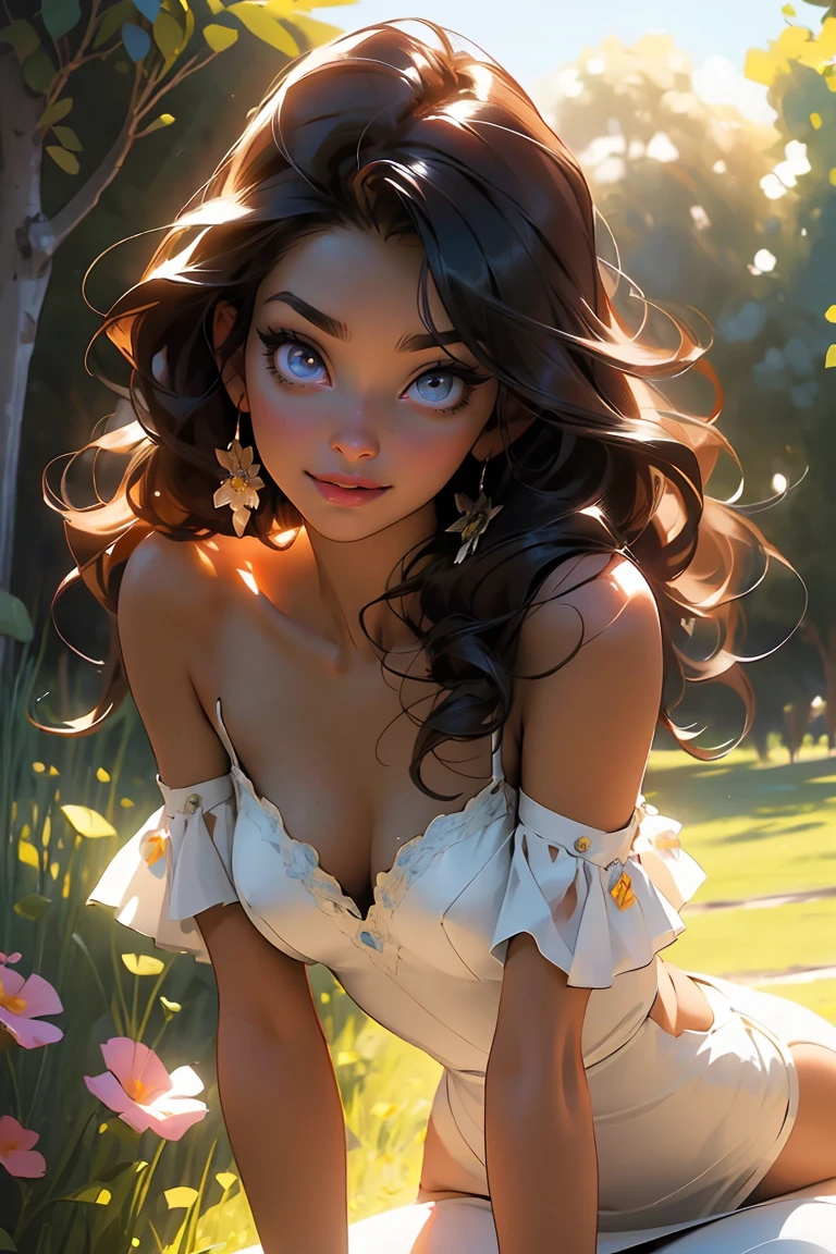melancholy lighting, quiet, calm, brightness, masterpiece, best quality, 1girl, (JinxLol:1.2), (ultra photorealistic:1.3), (masterpiece:1.4), best quality, ((realistic)), high quality, ultra detailed, ((Real image)), ((realistic skin)), ((realistic face)),(illustration:1.05), (beautiful:1.05), (beautiful detailed eyes:1.05), (cinematic light:1.1), Full body, precise proportions, 25-year-old woman, skinny model lying on the grass, surrounding garden, tree shadow, DARK hair fluttering in the wind, tulle, long legs, slightly open feet, buttocks, blush, shyness, collarbone, abdominals, double weave, beautiful and delicate face, fair skin, real skin, (face detail), pores, super high resolution, 8k, parameters Best quality, masterpiece, super high resolution, (Realistic 2.0), More details, detailed skin, , wide smile, white teeth, voluminous DARK curly hair, perfect and well designed eyes, girlfriend, beautiful, beautiful, flowers, studio lighting