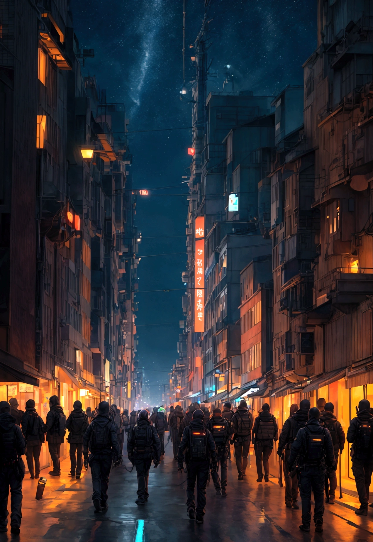 People live, Future City Street , Bright lighting, Spirited, Very crowded, Populous, Color Scheme, Art Station, Create ultra-realistic renderings of aircraft，cyber punk. Street cables densely cover the areas between buildings. Lighting scene lights on, quality\(8K,非常に精細なCGユニットのwallpaper, masterpiece,High resolution,top-quality,top-quality real texture skin,Surreal,Increase the resolution,RAW Photos,最高quality,Very detailed,wallpaper,Cinema Lighting,Ray-tracing,Golden Ratio\),(Long Shot),landscape,