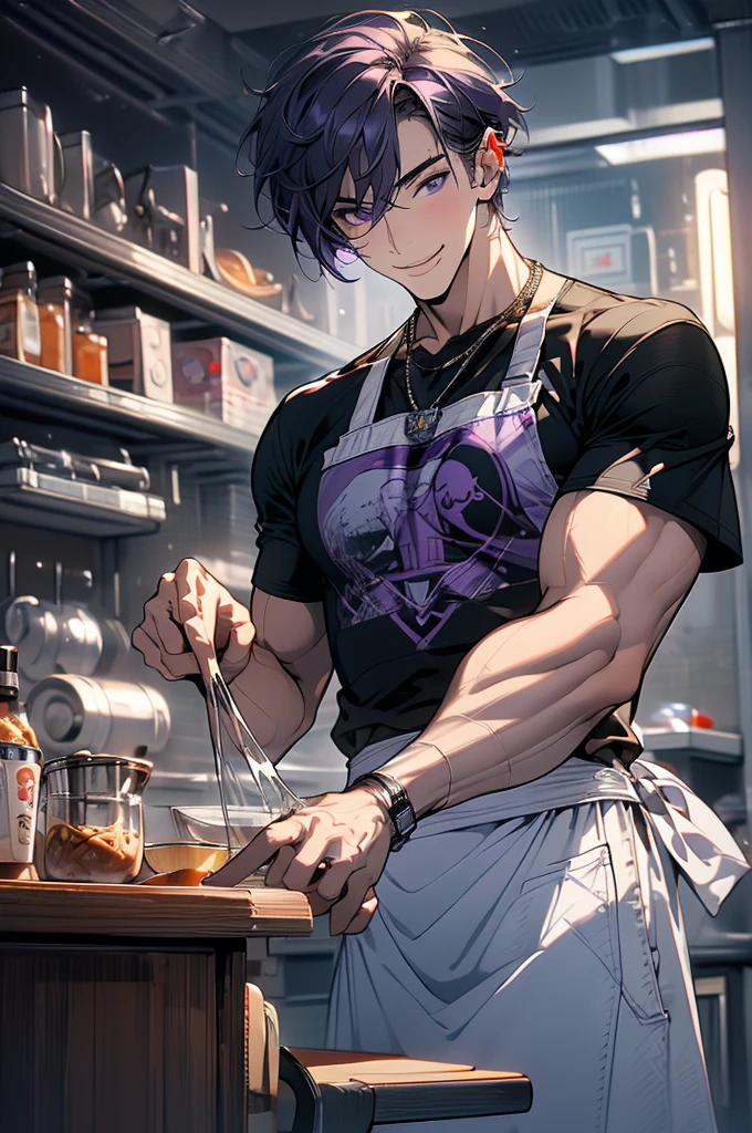 (masterpiece, highest quality, best quality, highest detailed, perfect face) 1 male, adult, muscular, wide man, angular face, medium purple hair, violet eyes, (Clothes: black compression t-shirt, kitchen accessories , apron) in a fast food kitchen, cooking, lots of food,  smile, licking lips