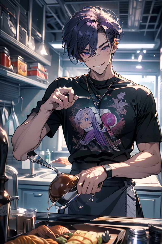 (masterpiece, highest quality, best quality, highest detailed, perfect face) 1 male, adult, muscular, wide man, angular face, medium purple hair, violet eyes, (Clothes: black compression t-shirt, kitchen accessories , apron) in a fast food kitchen, cooking, lots of food, lewd smile, licking lips