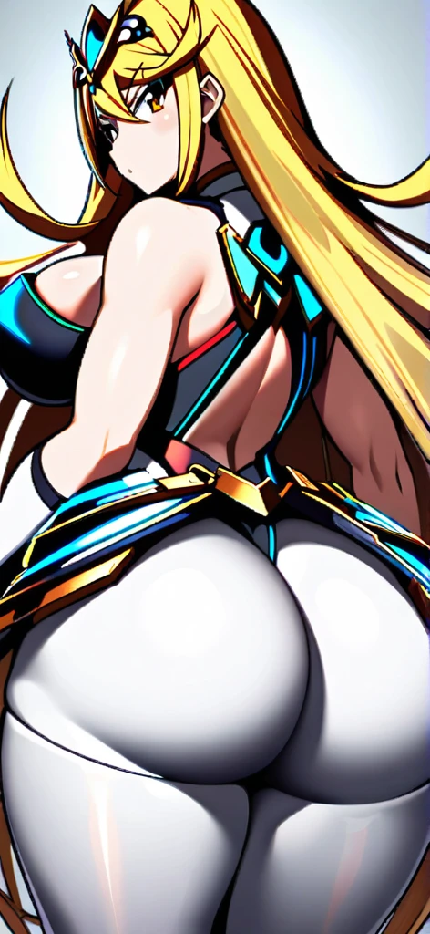 anime girl mythra (xenoblade 2)busty with thick thighs and big ass bigger than thighs and head and body , ass view, hyper ass long hair