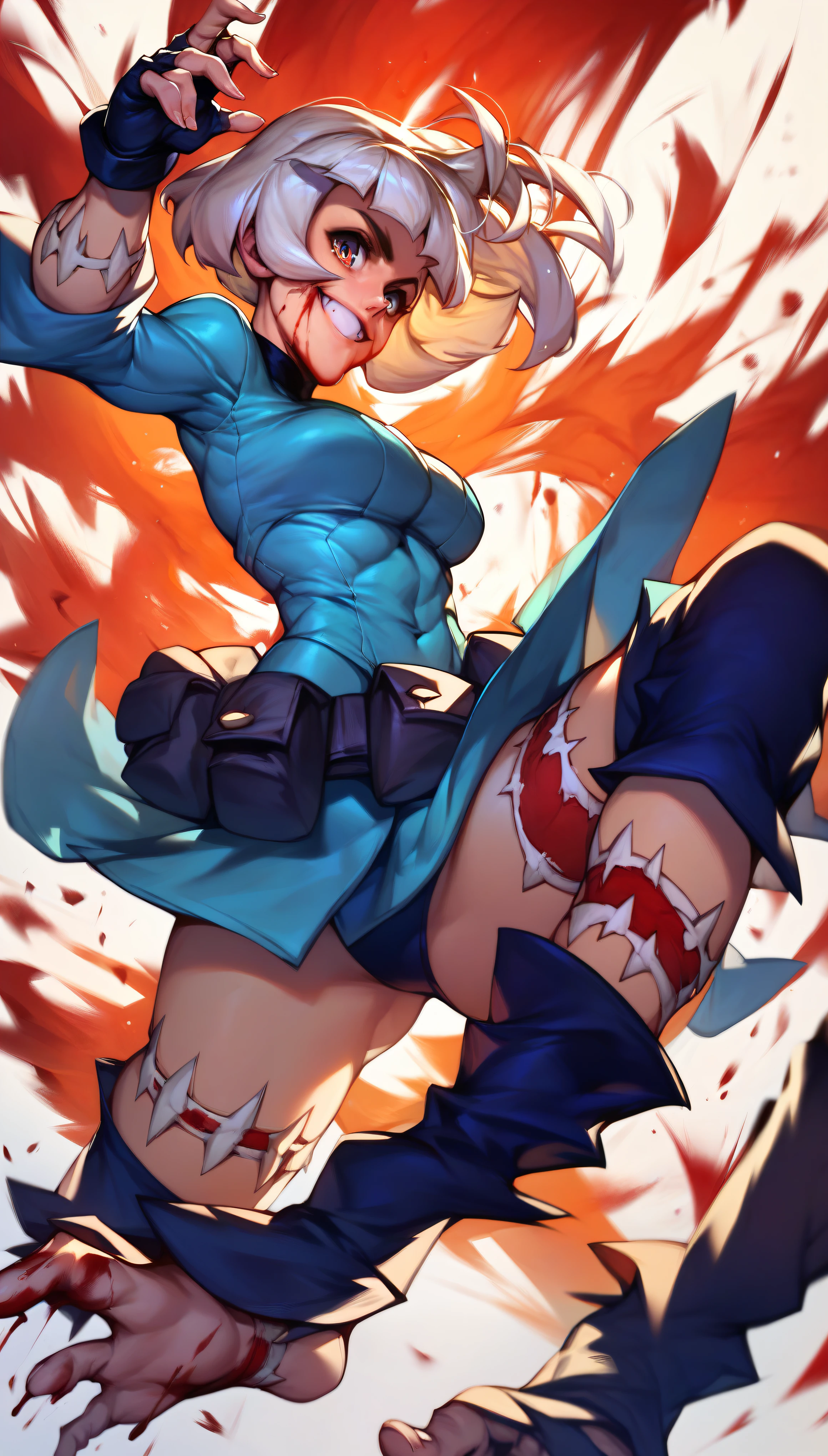 Ms. Fortune (Skullgirls) combat pose, somersaulting in the air, legs open, detailed battlefield, spinning kick, movement, blood, focus on face, detailed eyes, perfect face, smiling.