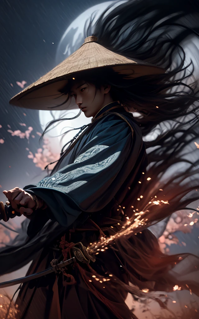 Painting, a Chinese warrior with his holding a sword, swirling cyclone, bamboo hat, super wide-angle lens, colorful arrangements, shige's visual aesthetic style, made of flowers, claire-obscure lighting, dark orange and teal, i can't believe how beautiful this is, in the style of zhang jingna, photomontage, hirohiko araki, oriental, sergio toppi, theatrical, feminine sensibilities
