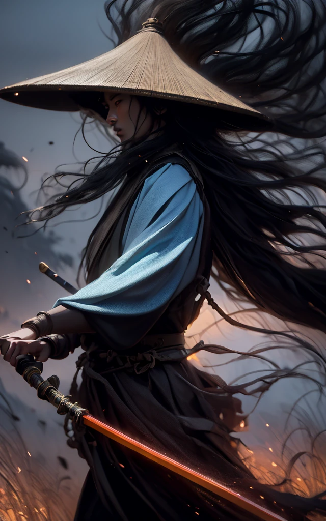 Painting, a Chinese warrior with his holding a sword, swirling cyclone, bamboo hat, super wide-angle lens, colorful arrangements, shige's visual aesthetic style, made of flowers, claire-obscure lighting, dark orange and teal, i can't believe how beautiful this is, in the style of zhang jingna, photomontage, hirohiko araki, oriental, sergio toppi, theatrical, feminine sensibilities
