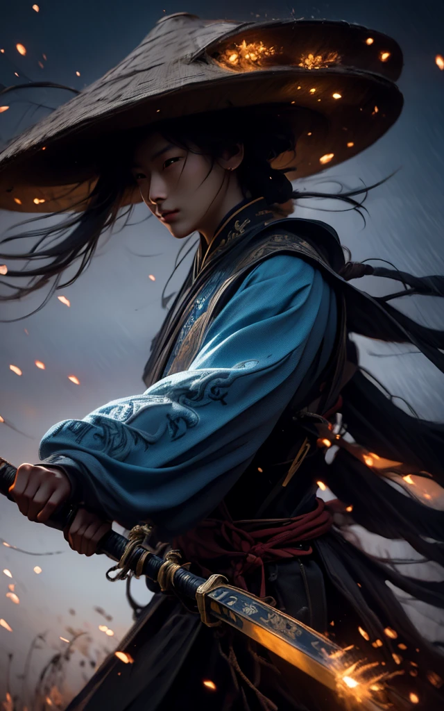 Painting, a Chinese warrior with his holding a sword, swirling cyclone, bamboo hat, super wide-angle lens, colorful arrangements, shige's visual aesthetic style, made of flowers, claire-obscure lighting, dark orange and teal, i can't believe how beautiful this is, in the style of zhang jingna, photomontage, hirohiko araki, oriental, sergio toppi, theatrical, feminine sensibilities
