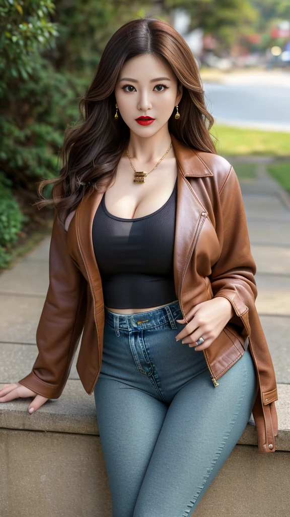 Japanese mature woman, (outdoor seaside background), brown leather jacket (no cleavage), thighs, makeup, (lipstick: 1.1), (eyeliner: 1.2), mascara, eye shadow, outdoor sports, earrings, necklace, (denim leggings), wrinkles at the corners of the eyes, mouth lines, high-necked knitted top, full-body photo, standing 35 years old, big eyes, elegant temperament, (masterpiece: 1.2, best quality), real, (real situation, 45 years old, exquisite details, depth of field, high-necked clothes), meticulous, very detailed content, this is a perfect face, perfect figure, big model, mature woman, 8K, best quality, masterpiece, ultra-high resolution, (real: 1.4), original picture, stay focused, rich details, drama, exquisite beauty, long curly hair, dynamic angle, (red lips), exquisite graphics, sneakers, casual sexy pose