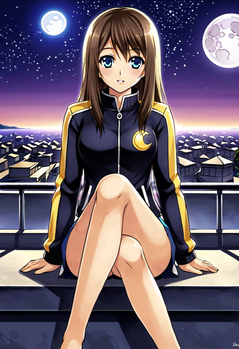beautiful anime girl , vavorwave , she sitting on rooftop watching moon , wearing vavorwave jacket , luminous , masterpiece ,by mika pikazo