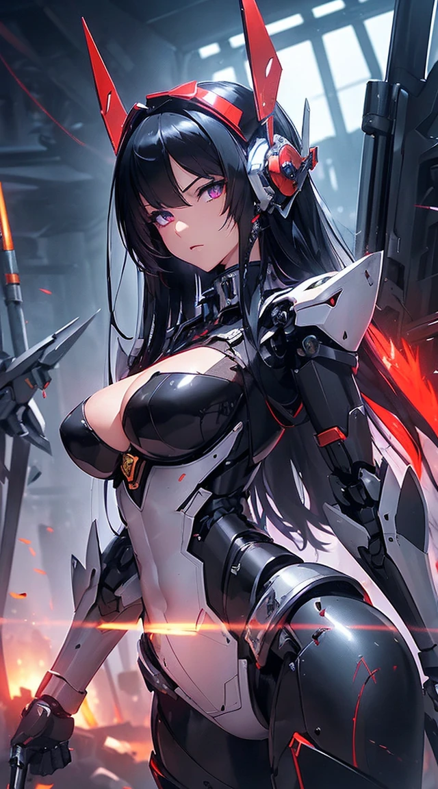 ((Shining lenses on both breasts:1.3))、((Pillars of red light radiate from both chests..:1.3))、((Attack pose:1.6))、((He has a red sword and a long rifle:1.6))、((Battle Scenes:1.8))、((8K)), ((32k)), ((Highest quality)), ((masterpiece)), ((超A high resolution)), ((Tmasterpiece)), ((Halation:1.4))、((Mechaニカルheadgear:1.2))、((Cyber Headphones:1.3))Fine skin, High quality fabric, High-quality metal texture、((Beautiful and dense face))、RAW Photos、Professional, Ultra-fine painting, ((alone)), Beautiful breasts、Highest quality, Very detailed, Very detailed詳細, Finer details, so beautiful, ((Black Knight Robot:1.2)),  (Joint of the machine, Mechanical Limbs:1.3), (The internal structure of the machine is exposed:1.3), (Long black hair:1.1), (Beautiful and huge mechanical breasts)、White Veil, cowboy_shot, Side Focus, headgear, Shiny、(Five Fingers, Four fingers and thumb),Concept Art, Anime fantasy artwork, Detailed fantasy art, (Has light blue-purple hair and black wings,,,,,,), (((Long black hair))), (Mecha:1.6)、Sleek and intimidating design,  (Jet black perfect robot body)、Jet black and reddish purple arms, Symmetrical wings, 8K High Resolution, Detailed Art, 3D rendering of character art in 8K, neat legs, Defined, Defined fingers,((headshot:1.6))