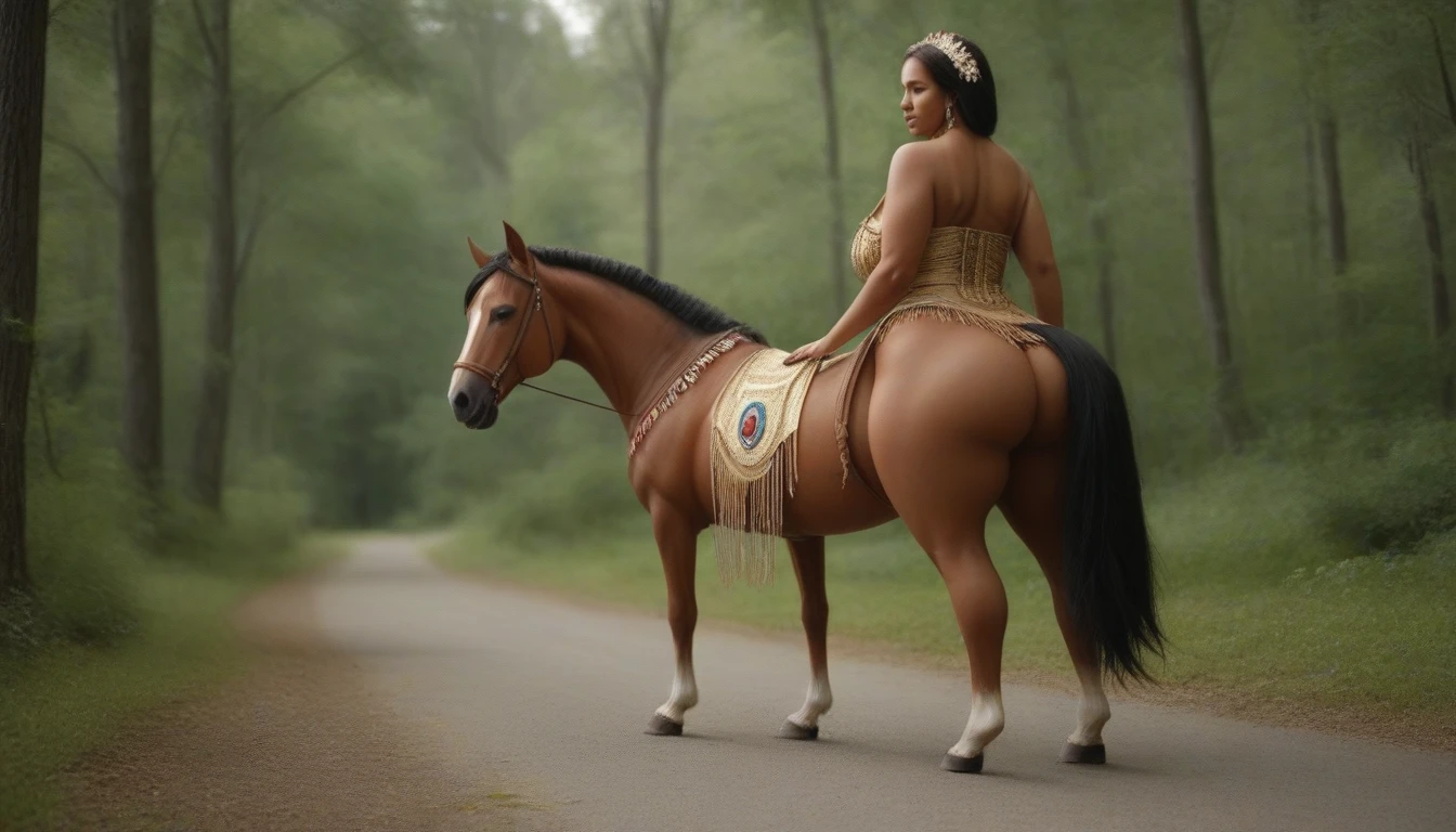 ((masterpiece)), ((best quality)), ((highres)), ((extremely detailed)), ((long shot, back view)), 1 black skinned large BBW girl as Pocahontas costume, full body, Beautiful Native American woman, mature woman, Big breast, (super realistic), (peerless beauty), detailed skin texture, detailed cloth texture, beautiful detailed face, intricate details, ultra detailed, indigenes feather jewelry, feather headdress, traditional handmade dress, (((riding on a very big fat draft  horse))), (((road in the middle of the forest))), ultra realistic, concept art, elegant, ((intricate)), ((highly detailed)), depth of field, ((professionally color graded)), soft ambient lighting, dusk, (Best quality, A high resolution, Photorealistic, primitive, 8K,Masterpiece, ),Best quality, Masterpiec8K.hdr, (vivd colour:1.10)