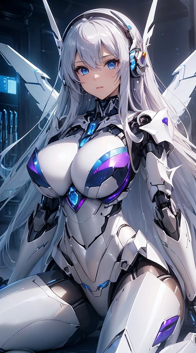 (Sit with one knee on the machine:1.6)、(Full body description:1.3)、((Shining lenses on both breasts:1.3))、((Blue pillars of light are emanating from both chests.:1.3))、smile、((8K)), ((32k)), ((Highest quality)), ((masterpiece)), ((超A high resolution)), ((Tmasterpiece)), ((Halation:1.4))、((Mechaニカルheadgear:1.2))、((Cyber Headphones:1.3))、Fine skin, High quality fabric, Fine metal texture、((Beautiful and dense face))、RAW Photos、Professional, Ultra-fine painting, ((alone)), Beautiful breasts、Highest quality, Very detailed, Very detailed詳細, Finer details, so beautiful, ((Princess Knight Robot:1.2)), (Joints of machines, Mechanical Limbs:1.3), (The internal structure of the machine is exposed:1.3), (Long silver hair:1.1), (Beautiful and huge mechanical breasts)、White Veil, cowboy_shot, Side Focus, headgear, Shiny、(Five Fingers, Four fingers and thumb),Concept Art, Anime fantasy artwork, Detailed fantasy art, (with pale blue-violet hair and large white wings,,,,,,,), (((Long silver hair))), (Mecha:1.6)、Sleek and intimidating design, ((Commander-in-Chief'arm)), (Perfect robot body)、純白と青紫armまたは, Symmetrical wings, 8K high quality, detailed art, 3D rendering of character art in 8K, neat legs, Defined, Defined fingers,