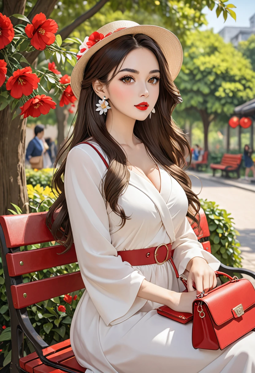 1girl solo long hair breasts looking at viewer brunette headgear dress brown eyes jewelry sitting upper body string flower earrings outdoors hair flower bag tree leaves handbag red lips bench