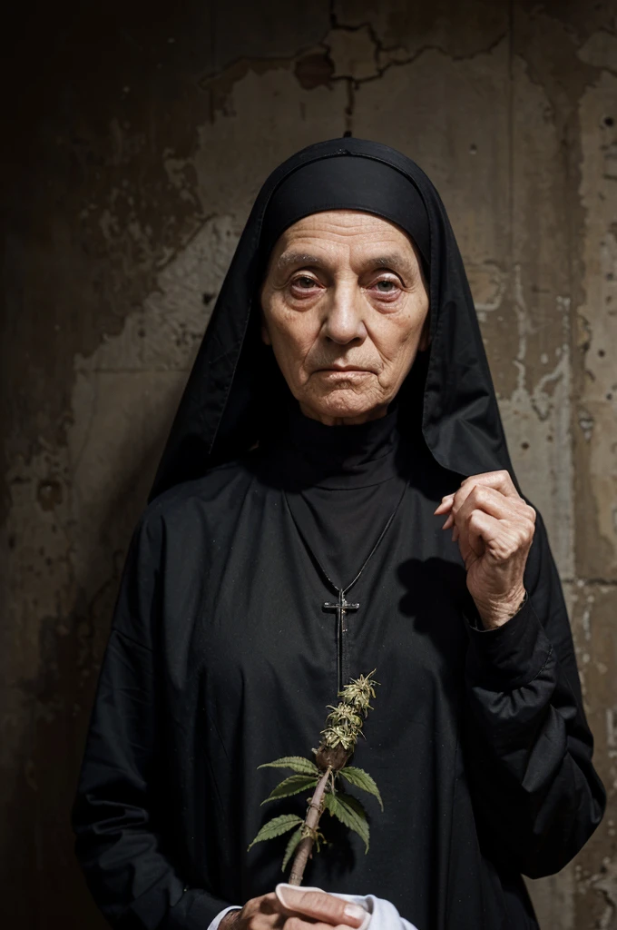 elderly nun with dark circles, with a giant marijuana joint in his hands (surrealist image )