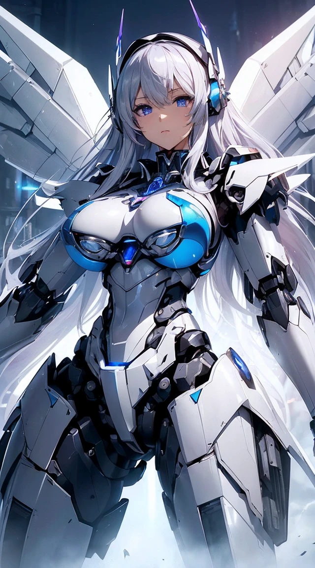((Intense action pose:1.6))、((Shining lenses on both breasts:1.3))、((Blue pillars of light are emanating from both chests.:1.3))、smile、((8K)), ((32k)), ((Highest quality)), ((masterpiece)), ((超A high resolution)), ((Tmasterpiece)), ((Halation:1.4))、((Mechaニカルheadgear:1.2))、((Cyber Headphones:1.3))、Fine skin, High quality fabric, Fine metal texture、((Beautiful and dense face))、RAW Photos、Professional, Ultra-fine painting, ((alone)), Beautiful breasts、Highest quality, Very detailed, Very detailed詳細, Finer details, so beautiful, ((Princess Knight Robot:1.2)),  (Joints of machines, Mechanical Limbs:1.3), (The internal structure of the machine is exposed:1.3), (Long silver hair:1.1), (Beautiful and huge mechanical breasts)、White Veil, cowboy_shot, Side Focus, headgear, Shiny、(Five Fingers, Four fingers and thumb),Concept Art, Anime fantasy artwork, Detailed fantasy art, (with pale blue-violet hair and large white wings,,,,,,,), (((Long silver hair))), (Mecha:1.6)、Sleek and intimidating design, ((Commander-in-Chief&#39;arm)), (Perfect robot body)、純白と青紫armまたは, Symmetrical wings, 8K high quality, detailed art, 3D rendering of character art in 8K, neat legs, Defined, Defined fingers,