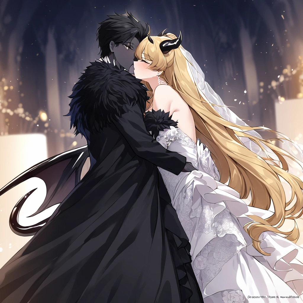((Highest quality)), ((masterpiece)), (detailed), (Perfect Face)、The woman is a sexy devil with jet black skin、The woman is a jet-black female demon with magnificent devil horns, jet-black devil wings, and a jet-black tail. Her skin is jet-black, and she is wearing a luxurious black Gothic Victorian wedding dress and a black wedding veil. She embraces the dignified and powerful Great Demon King, kisses him in oath, and is married to him while he loves her whole body. She is the jet-black demon Princess Serenity, with medium-long light brown hair, a demon in both body and mind, and has the expression of a maiden in love.、The man is a dignified and powerful demon king, and they embrace the woman, kiss each other as they hold a wedding ceremony, loving and adoring each other.