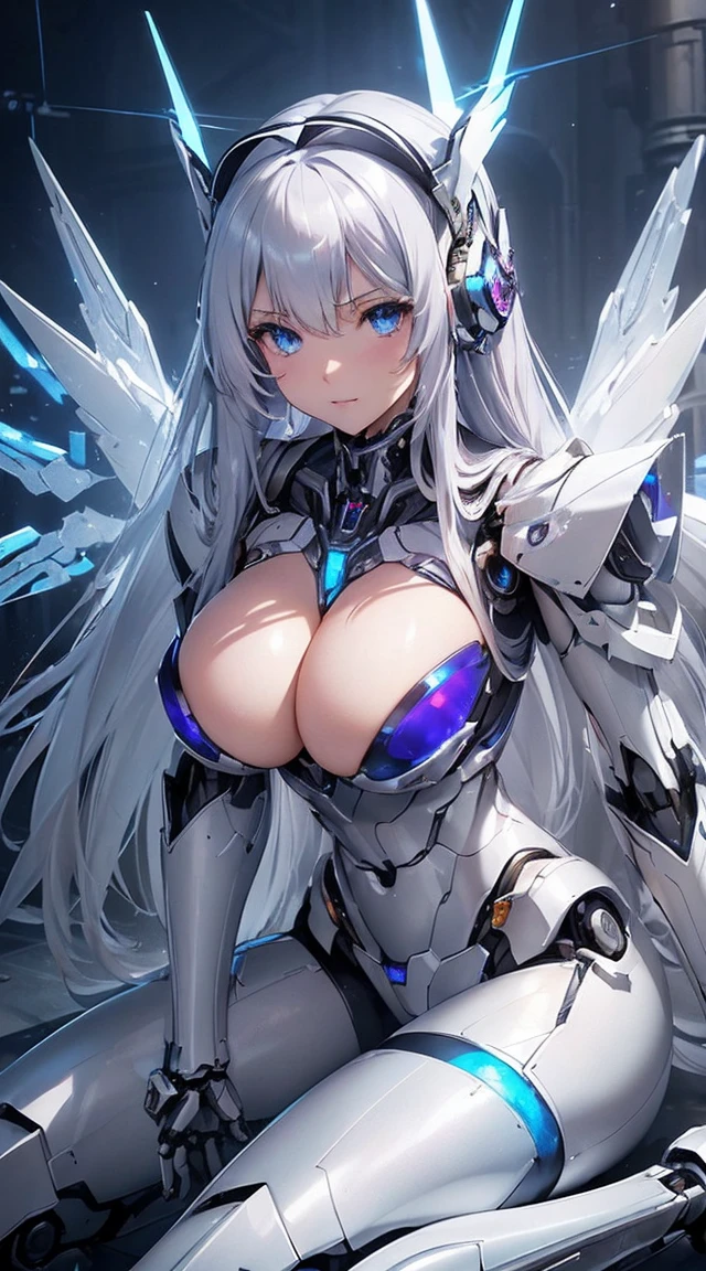 (Sit with one knee on the machine:1.6)、(Full body description:1.3)、((Shining lenses on both breasts:1.3))、((Blue pillars of light are emanating from both chests.:1.3))、smile、((8K)), ((32k)), ((Highest quality)), ((masterpiece)), ((超A high resolution)), ((Tmasterpiece)), ((Halation:1.4))、((Mechaニカルheadgear:1.2))、((Cyber Headphones:1.3))、Fine skin, High quality fabric, Fine metal texture、((Beautiful and dense face))、RAW Photos、Professional, Ultra-fine painting, ((alone)), Beautiful breasts、Highest quality, Very detailed, Very detailed詳細, Finer details, so beautiful, ((Princess Knight Robot:1.2)),  (Joints of machines, Mechanical Limbs:1.3), (The internal structure of the machine is exposed:1.3), (Long silver hair:1.1), (Beautiful and huge mechanical breasts)、White Veil, cowboy_shot, Side Focus, headgear, Shiny、(Five Fingers, Four fingers and thumb),Concept Art, Anime fantasy artwork, Detailed fantasy art, (with pale blue-violet hair and large white wings,,,,,,,), (((Long silver hair))), (Mecha:1.6)、Sleek and intimidating design, ((Commander-in-Chief&#39;arm)), (Perfect robot body)、純白と青紫armまたは, Symmetrical wings, 8K high quality, detailed art, 3D rendering of character art in 8K, neat legs, Defined, Defined fingers,