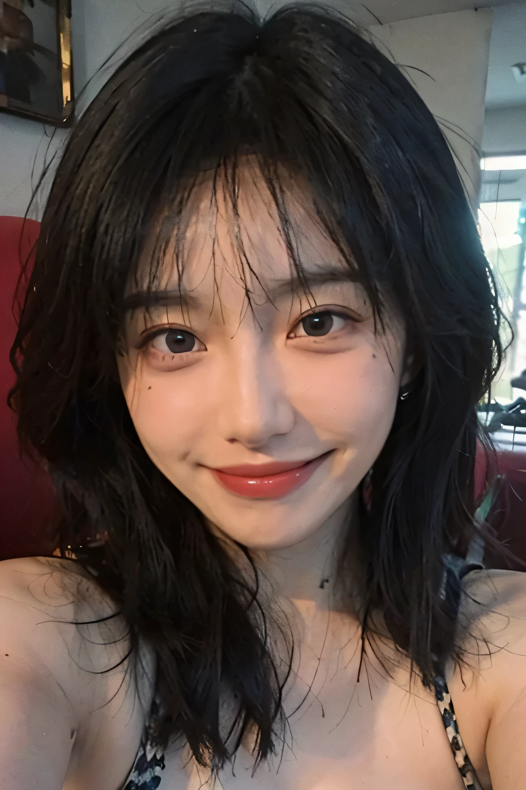 8K, best quality, masterpiece, Ultra-high resolution, (realism: 1.4), original photo, (Real skin texture: 1.3), (Film Grain: 1.3), (Selfie Angle), 1 girl, Beautiful eyes and face details, masterpiece, best quality, close up, Upper Body, Smile, Lean forward,