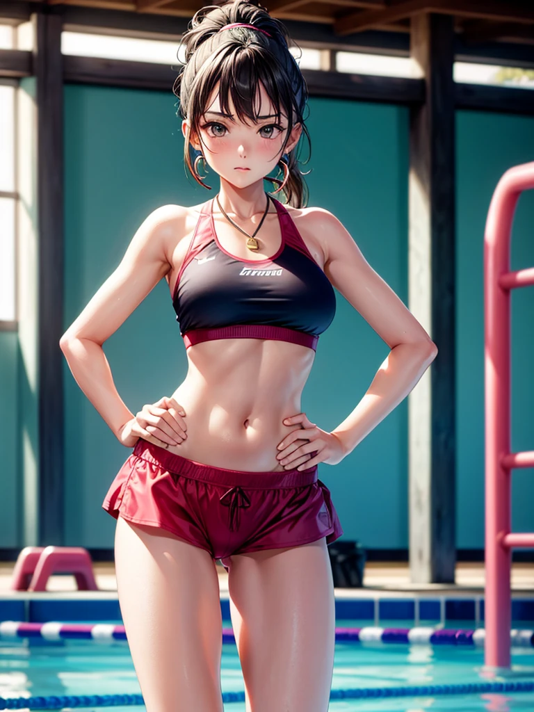 Highest quality,Highest Resolution,Pool coach beautiful girl,High leg,ponytail,A whistle hanging from his neck,Competition Pool,front,whole body,Hands on hips,