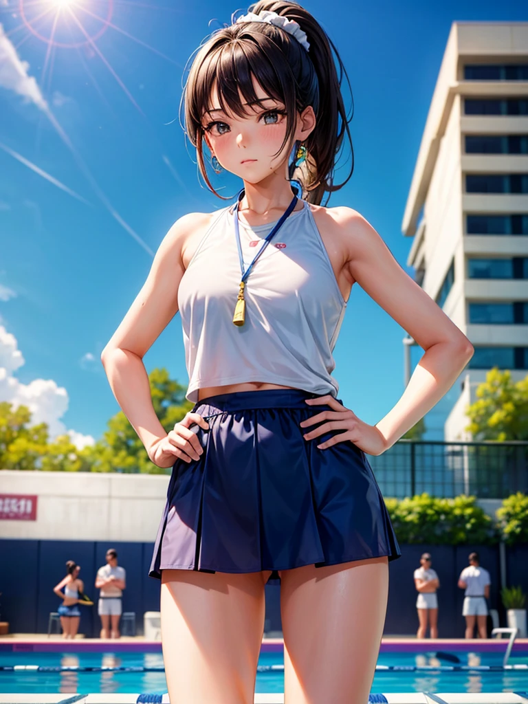Highest quality,Highest Resolution,Pool coach beautiful girl,High leg,ponytail,A whistle hanging from his neck,Competition Pool,front,whole body,Hands on hips,