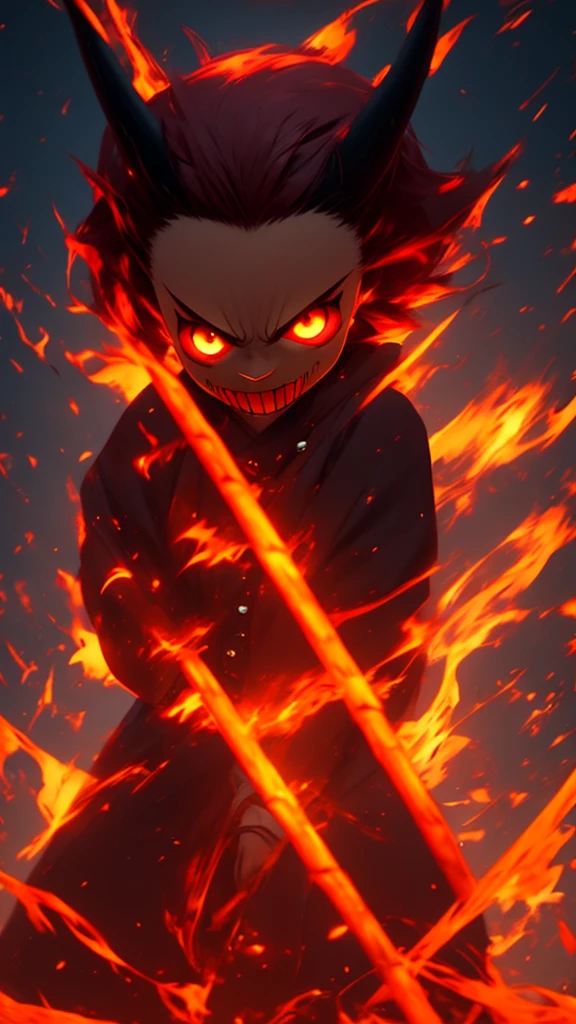 Here is the revised prompt in English:
---
A close-up shot of Nezuko from Demon Slayer in her demon form. Her face veins are bulging, her eyes are bright red, and she has horns sprouting from her forehead. She is biting down on a bamboo muzzle and is wearing her traditional kimono. Her expression is fierce and terrifying, embodying the full intensity of her demon transformation.