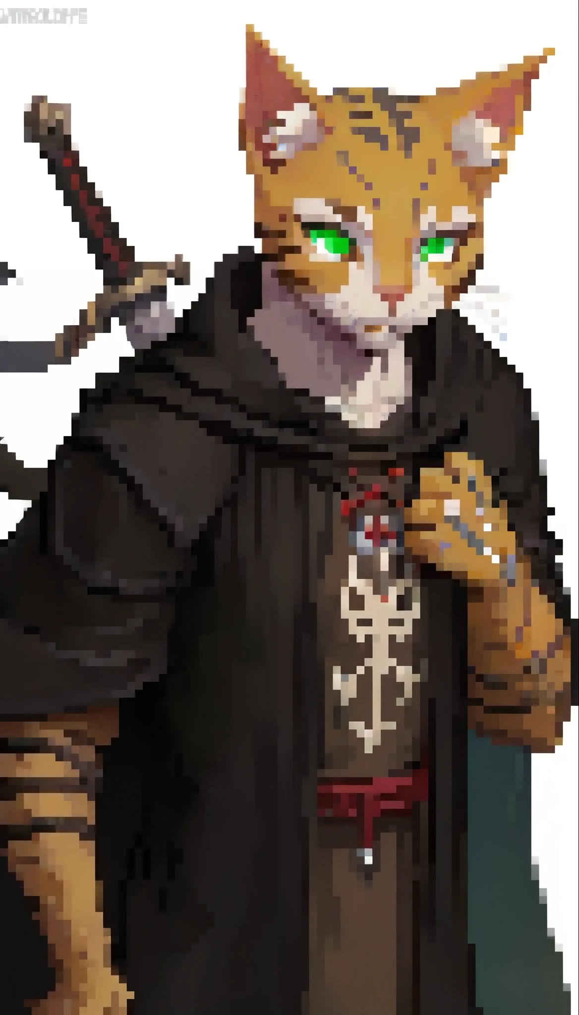 score_9, score_8_up, score_7_up, (clear simple background, white background, papyrus background), ((tabaxi), anthro, solo, female, (portrait), (focus), (holding, assassin, rogue), ((wearing dark robe, cape)), (cat fur)), beautiful, silver digger, shiny silver knife, damaged cat ear, tabaxi damaged ear, torn feline ear, battle scars on ear, sword cross-guard, old sword guard, (damaged in battel guard:0.5), scars, scars stripes, scars marks, battle scars, claw scars marks, ((damaged eye:1.3)), ((demon eye:1.3)), ((earrings, ear jewelery))