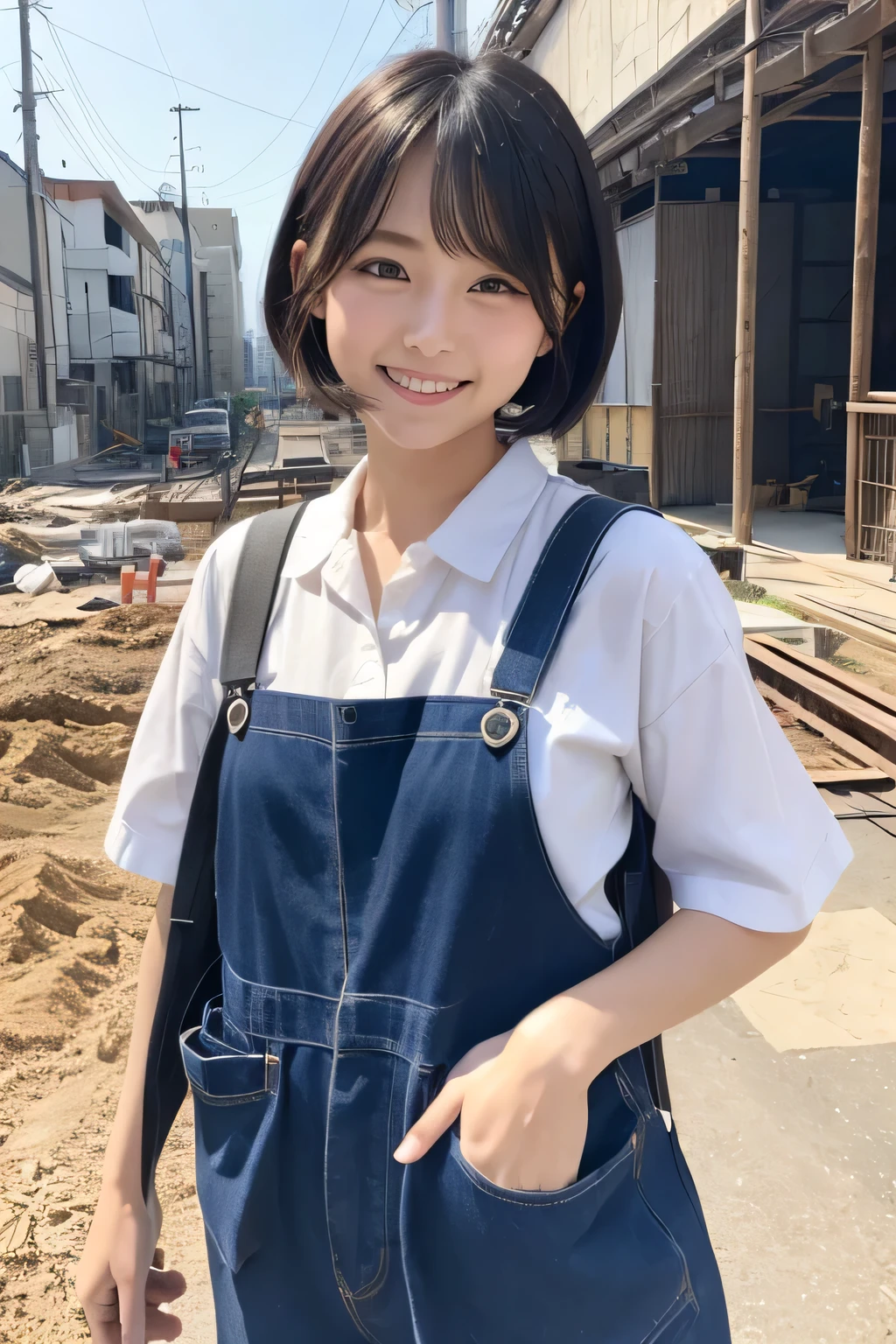 Japanese、Pure girl、Too cute、Fashion Model、Construction site、Work clothes、Artisan style、Outdoor、looking at the camera、smile、Hair is shoulder length、Short Bob、Stylish