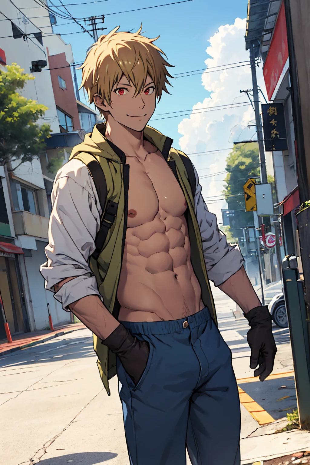 yukine(/noragami/), blonde hair, red eyes, smile, shirtless, slim, fit, abs, gloves, closed mouth, outdoors, sky, day, briefs, cloud, sunny, pants,